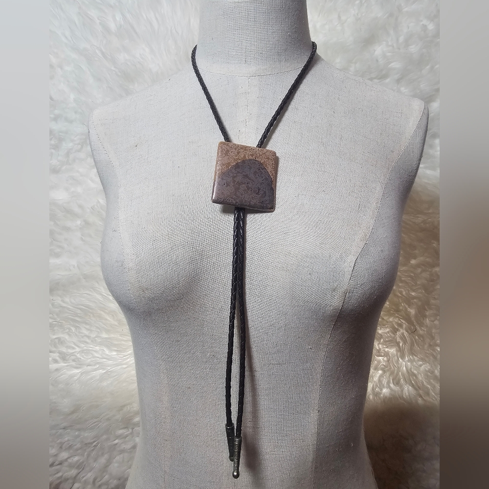 Vintage Square Ceramic Bolo Tie Necklace Brown Braided Leather Western